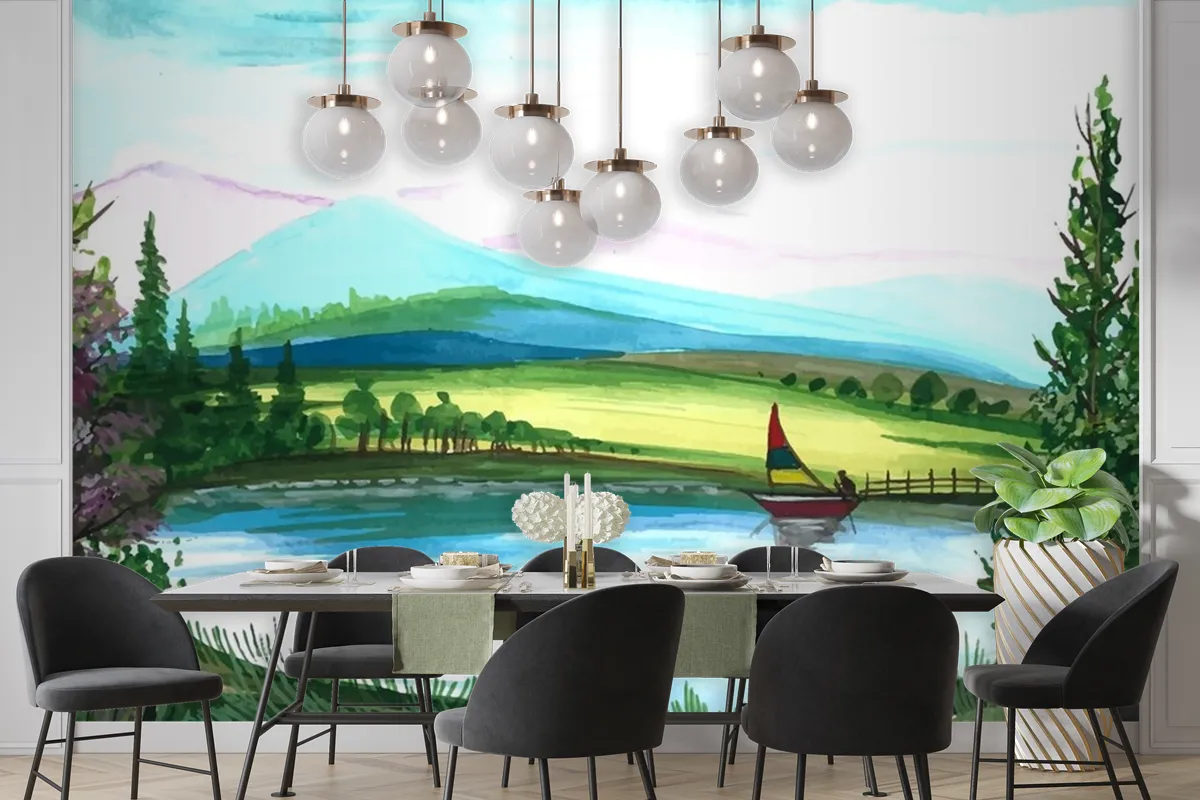 Beautiful Nature Landscape Hand Draw Watercolor Wallpaper Mural