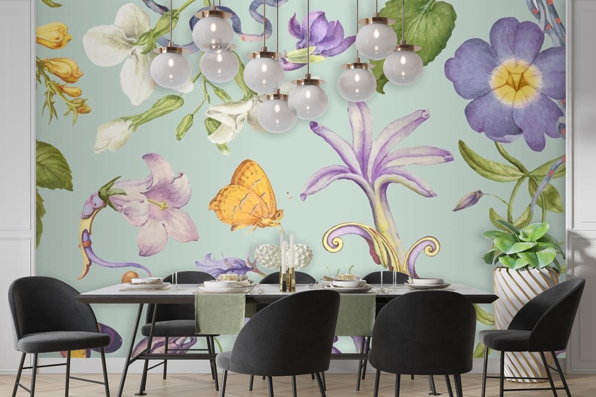 Beautiful Purple Floral Pattern On Green Wallpaper Mural