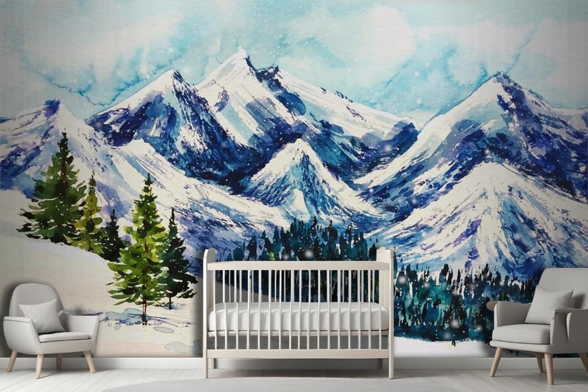 Beautiful Winter Landscape In Watercolor Background Wallpaper Mural