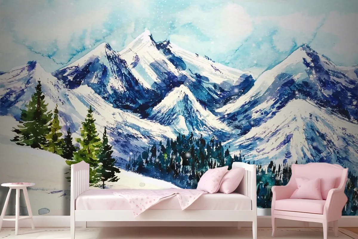 Beautiful Winter Landscape In Watercolor Background Wallpaper Mural