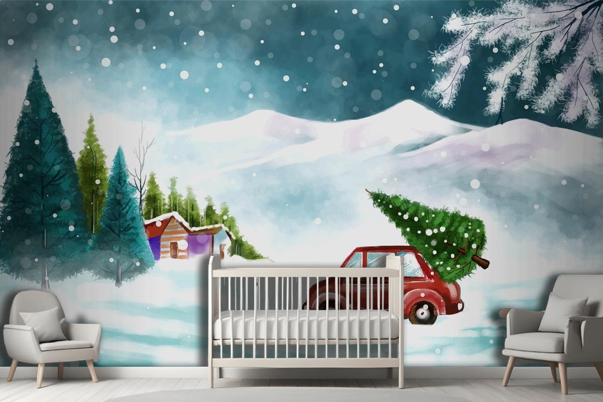 Beautiful Winter Landscape With Car In Snowy Christmas Tree Wallpaper Mural