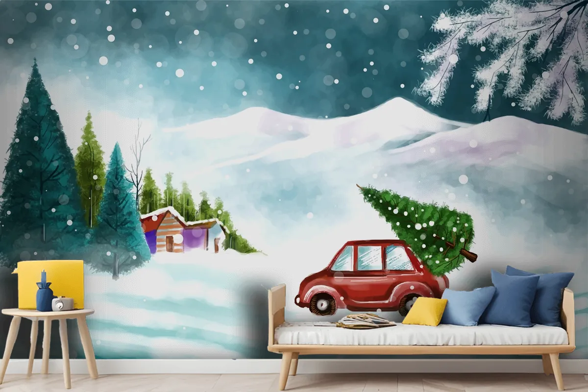 Beautiful Winter Landscape With Car In Snowy Christmas Tree Wallpaper Mural