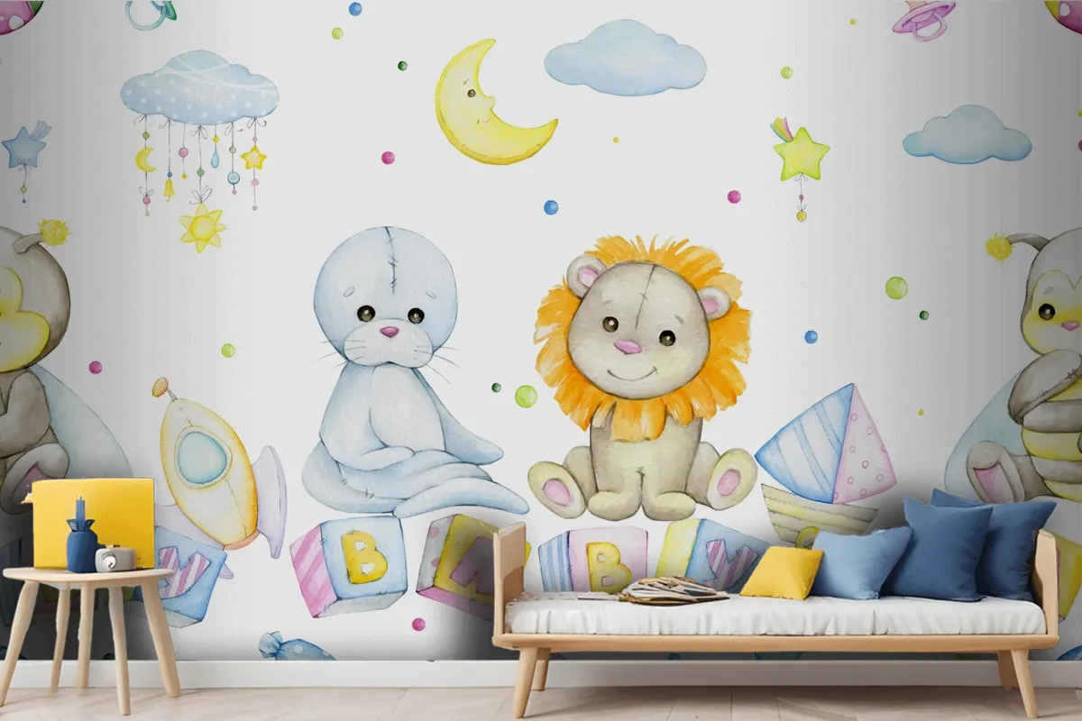 Bee Lion Seal Cubes With Letters Moon Stars Clouds Wallpaper Mural