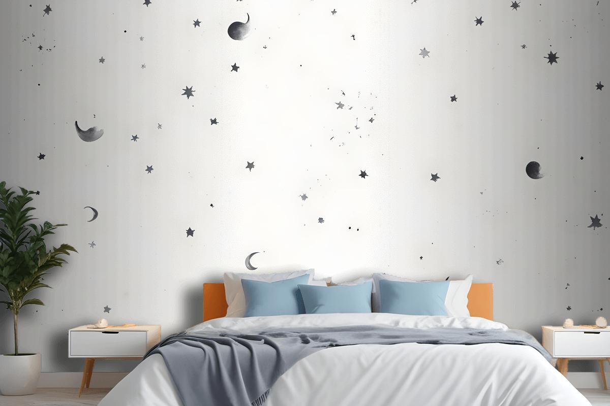 Black & White Moon & Stars Wallpaper Mural