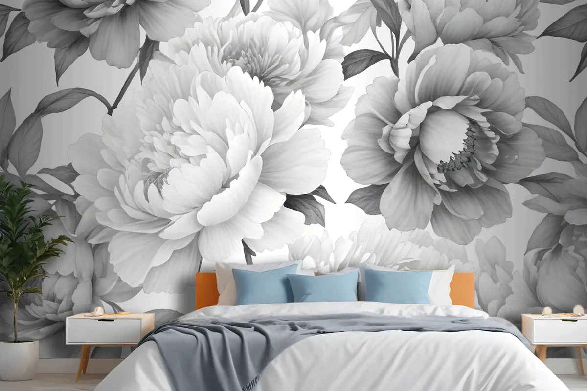 Black And White Floral Pattern With Large Lush Wallpaper Mural