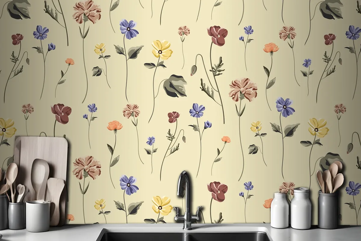 Blooming Flower Seamless Pattern On A Beige Wallpaper Mural