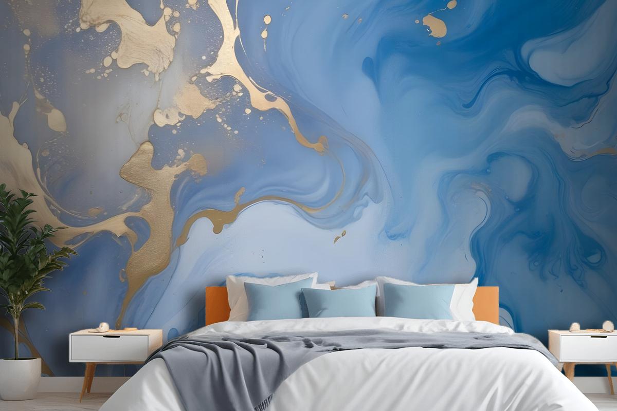 Blue Gold Look Marble With Splash Wallpaper Mural