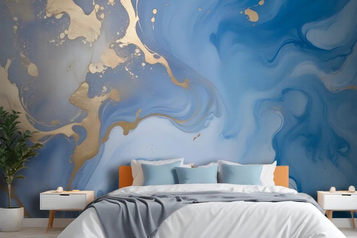 Blue Gold Look Marble With Splash Wallpaper Mural