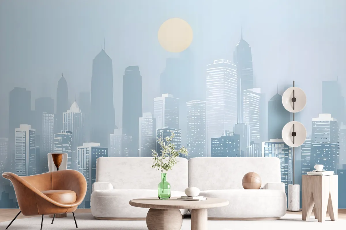 Blue Monochrome Cityscape And Soft Sun Wallpaper Mural