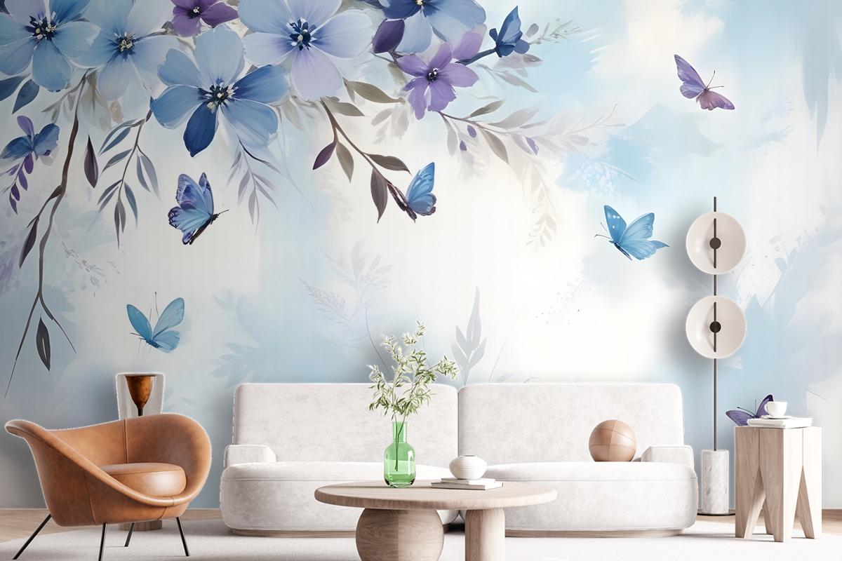 Blue Purple Floral With Little Butterfly Wallpaper Mural