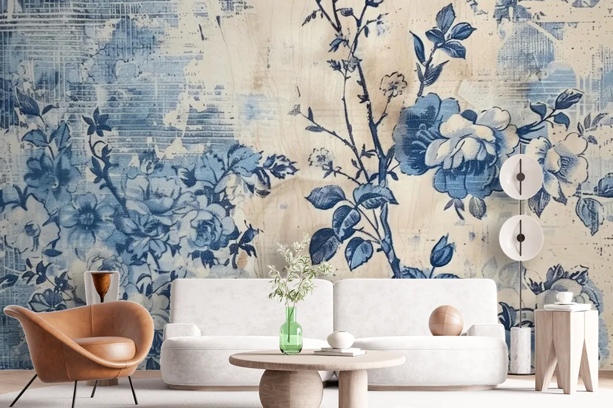 A Blue And White Floral Print Is On A Blue And White Wallpaper Mural