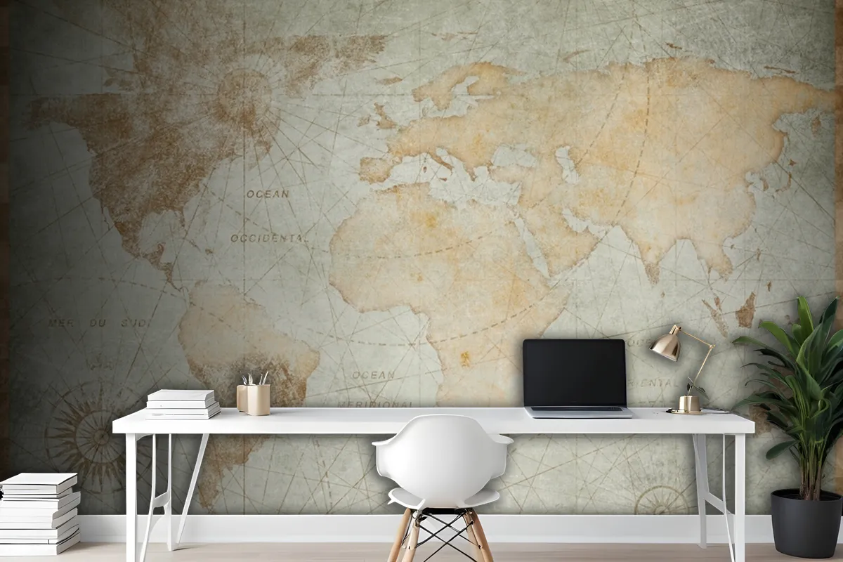 Blue Worn Vintage World Map Wallpaper Mural