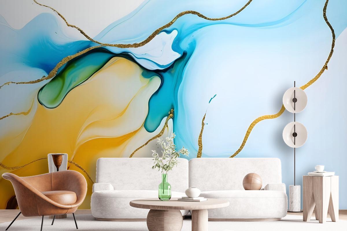 Blue Yellow Watercolor Brush With Modern Lines Wallpaper Mural