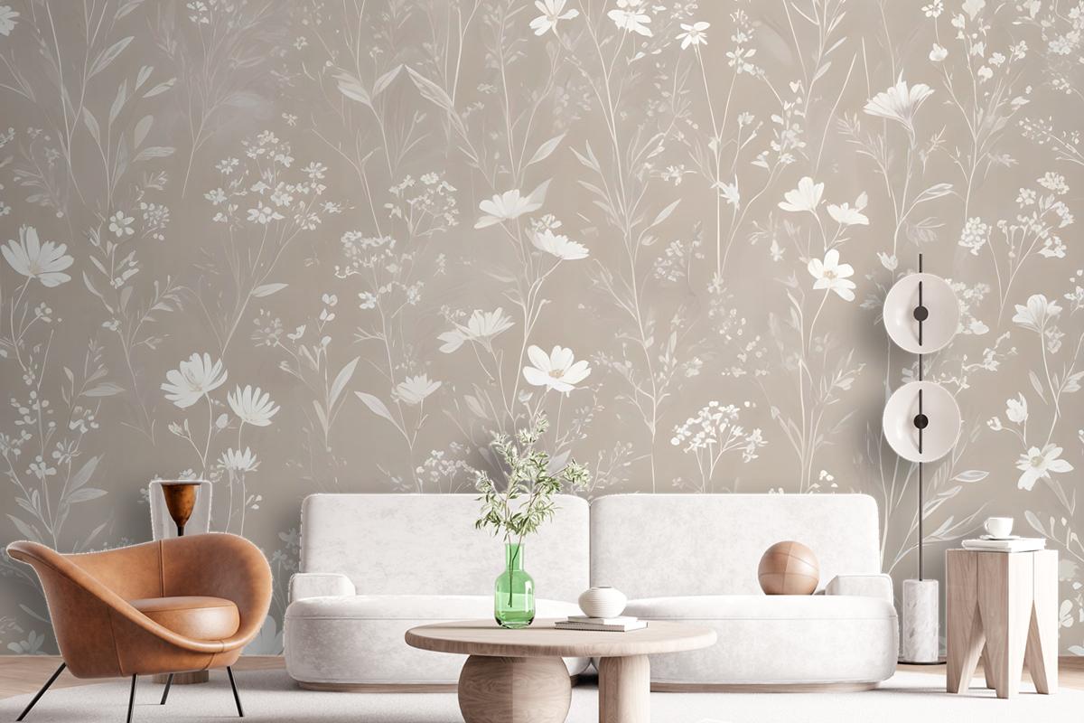 Bohemian Style Neutral Color Wild Flowers Art Wallpaper Mural