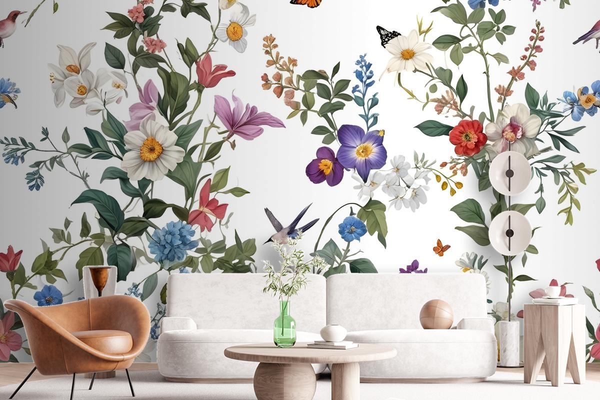 Botanical Flowers Floral With Birds Wallpaper Mural