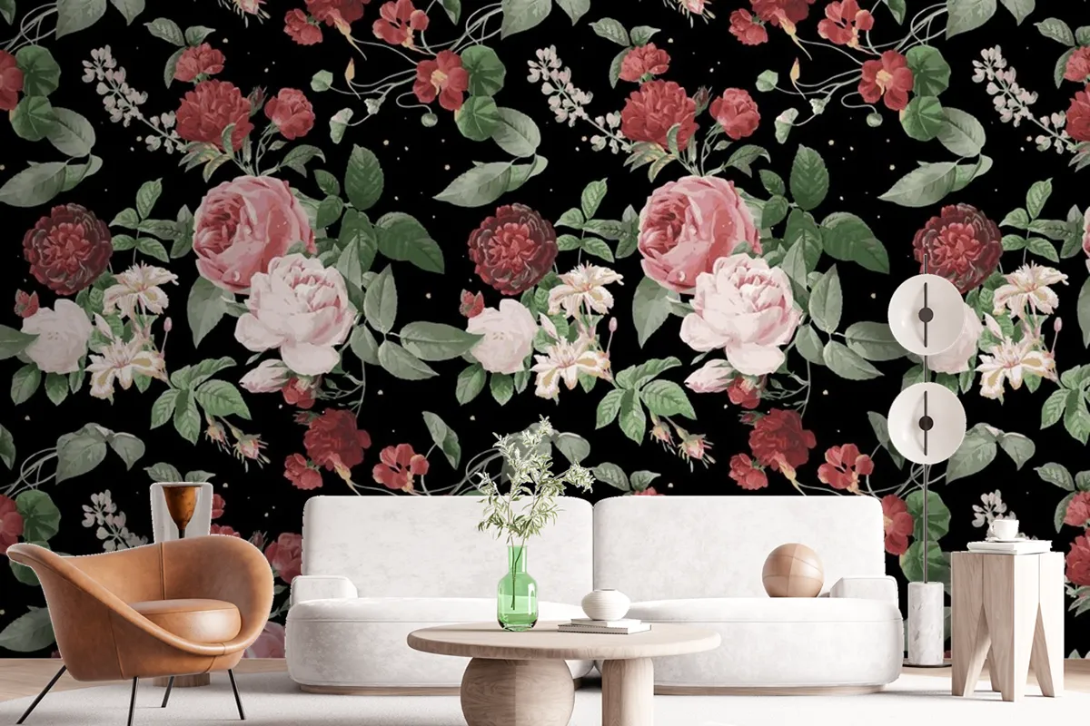 Botanical Valentine's roses pattern watercolor wallpaper mural