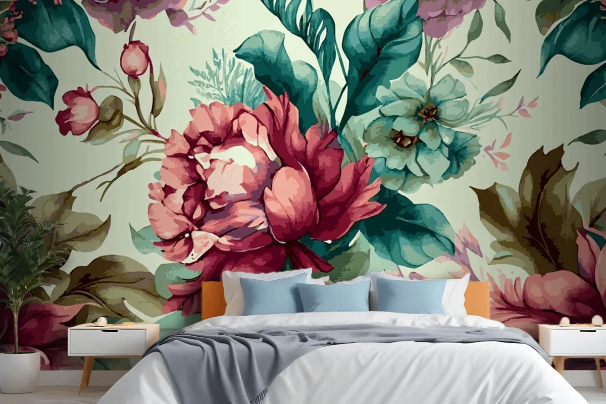 Botanical Watercolor Hand Drawn Flowers Wallpaper Mural