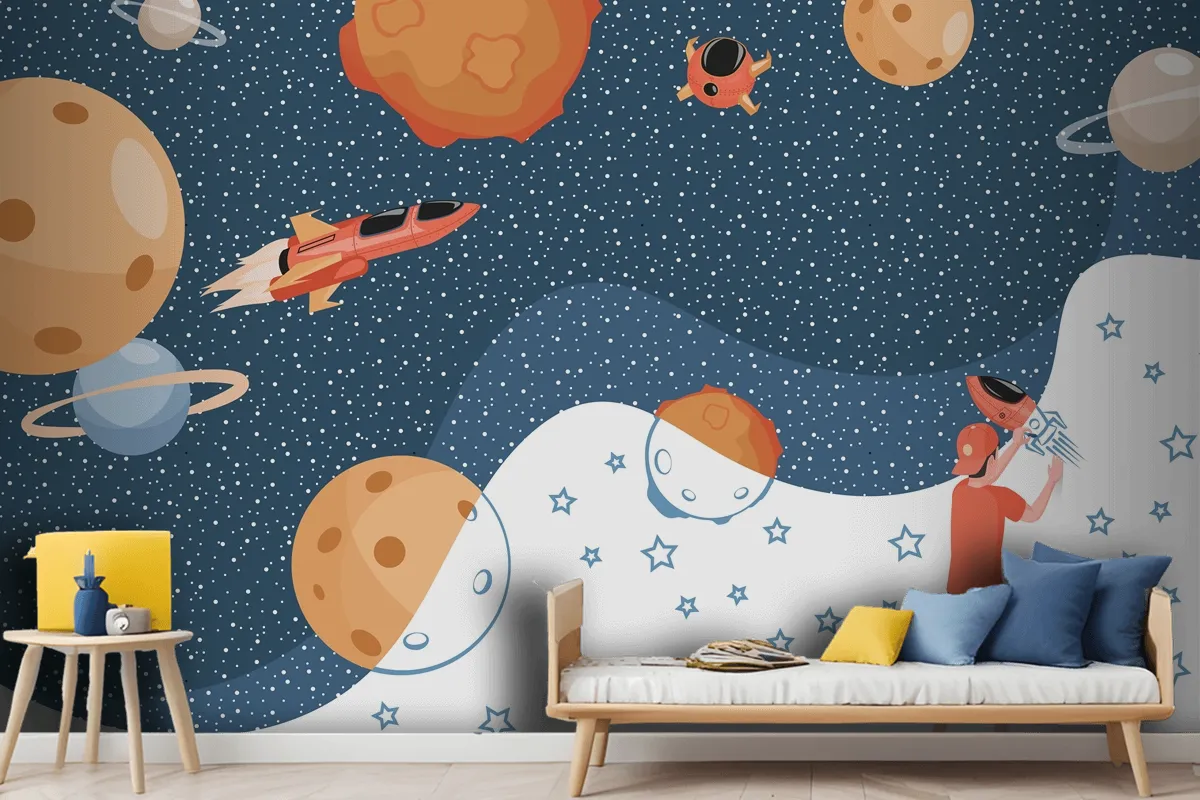 Boy Drawing Cosmos Planets Spaceships And Stars Wallpaper Mural