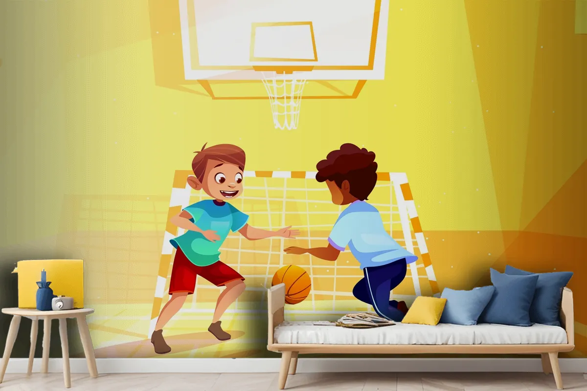 Boys Playing Basketball Kid With Ball In School Wallpaper Mural