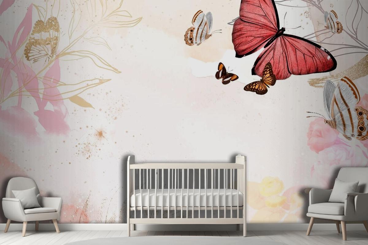 Butterfly Background Aesthetic Border With Flowers Wallpaper Mural