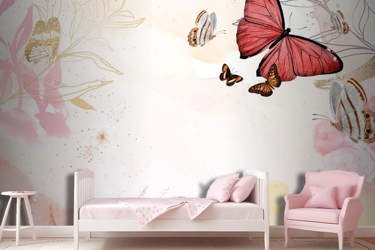 Butterfly Background Aesthetic Border With Flowers Wallpaper Mural