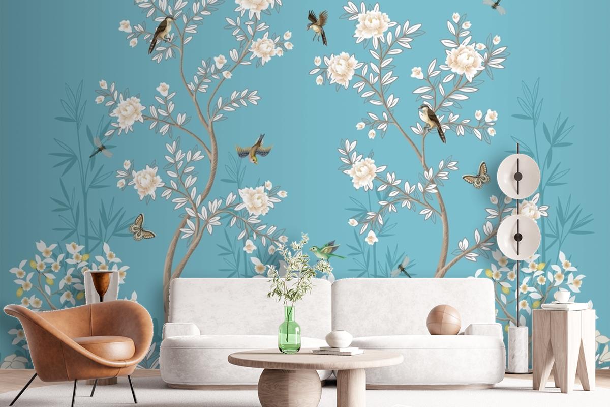 Chinoiserie Mural With Peonies And Birds Wallpaper Mural