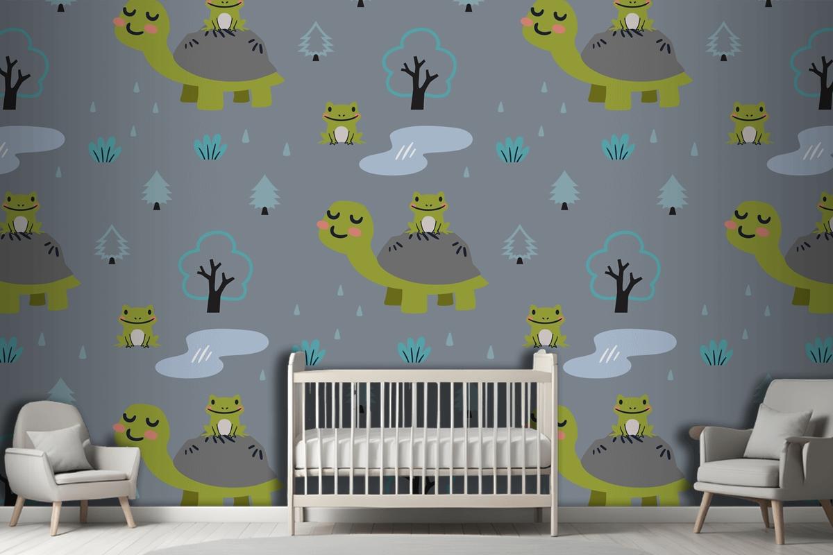 Cartoon Animals Pattern With Cute Mom Turtle And Frogs Wallpaper Mural