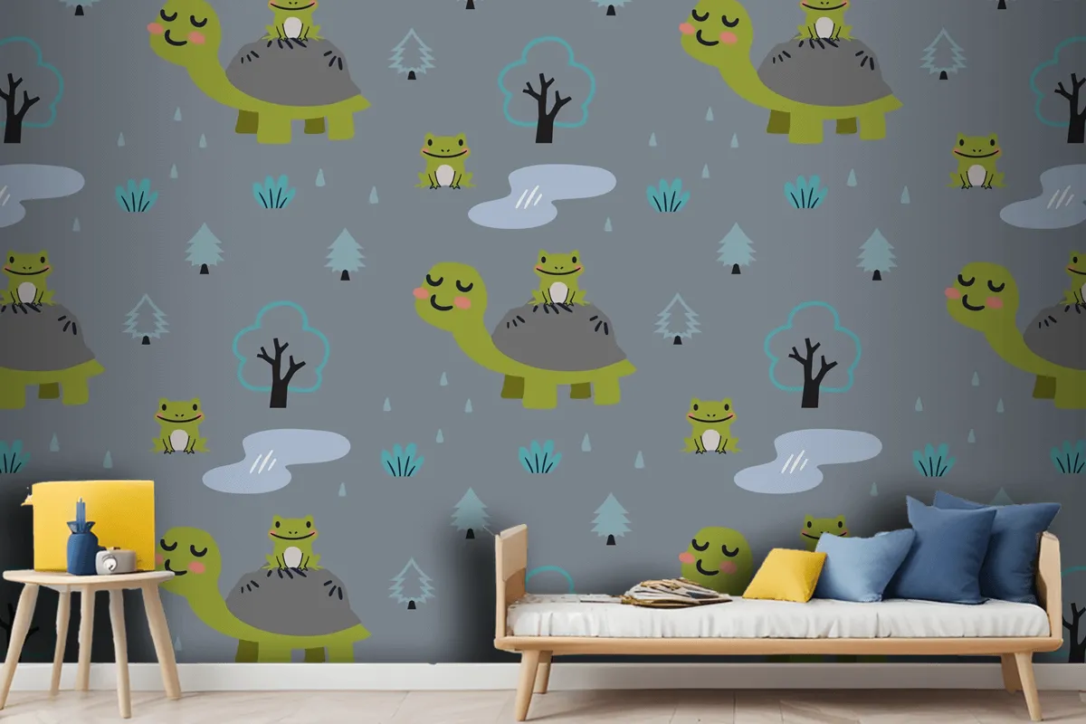 Cartoon Animals Pattern With Cute Mom Turtle And Frogs Wallpaper Mural