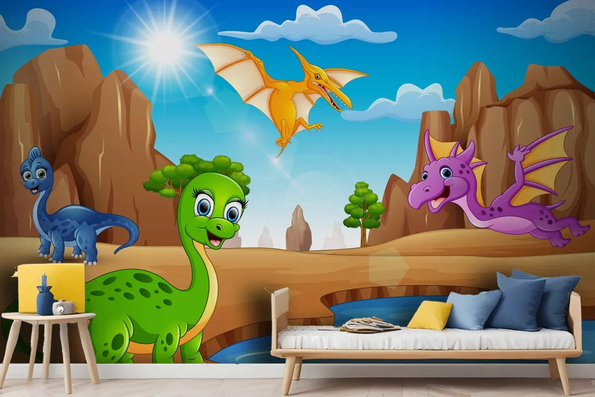 Cartoon Happy Dinosaurs Living In The Desert Wallpaper Mural