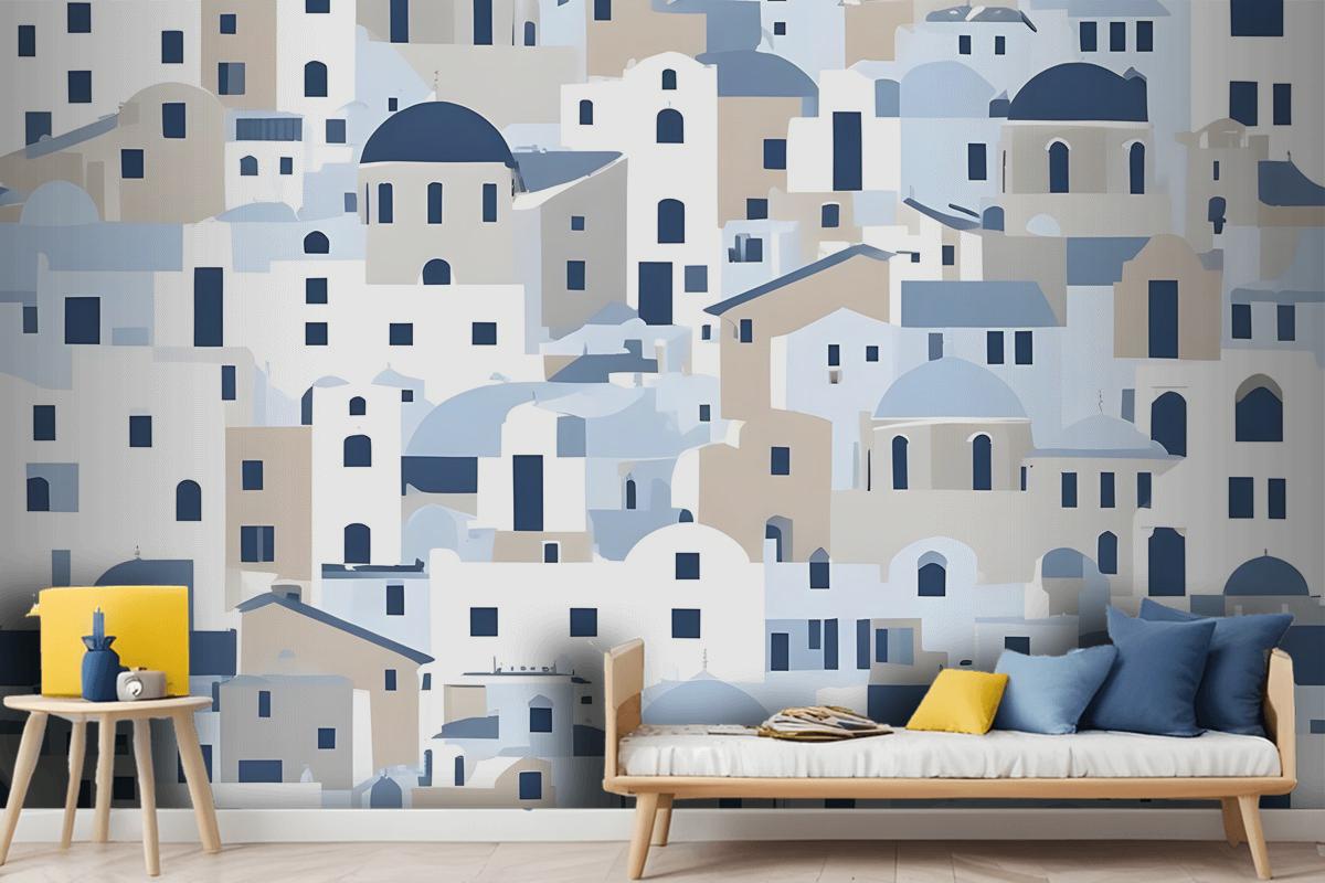 Cartoon Old Blue Greek House Wallpaper Mural