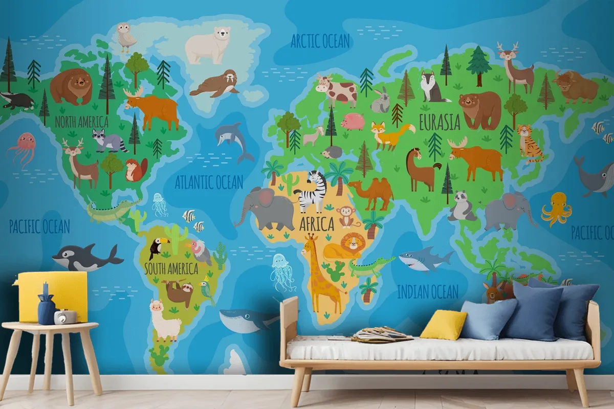 Cartoon World Map For Kids Nursery With Forest Animals Wallpaper Mural