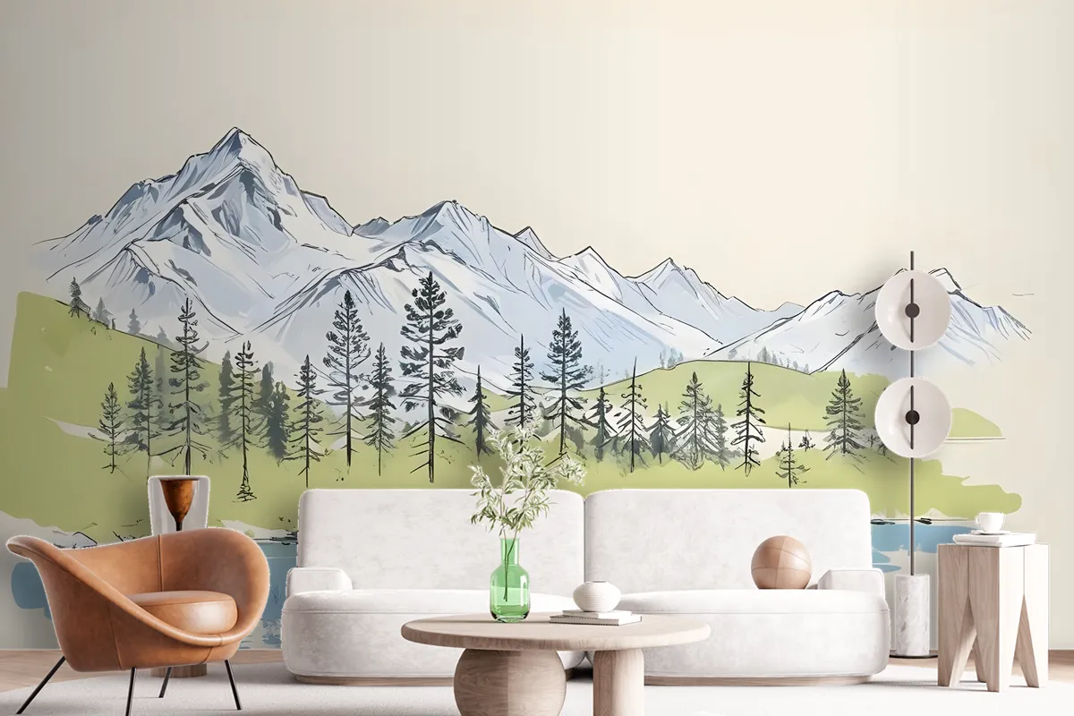 Charcoal Mountain Landscape With Lake And Pine Trees Wallpaper Mural