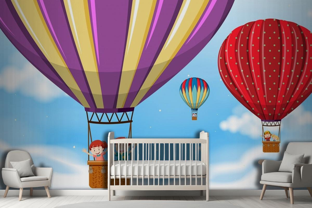 Children Riding Hot Air Balloon Wallpaper Mural