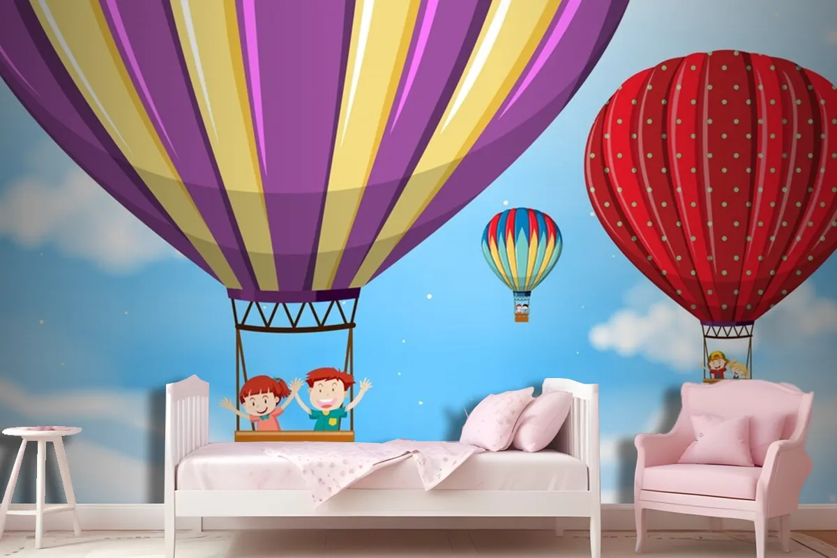 Children Riding Hot Air Balloon Wallpaper Mural