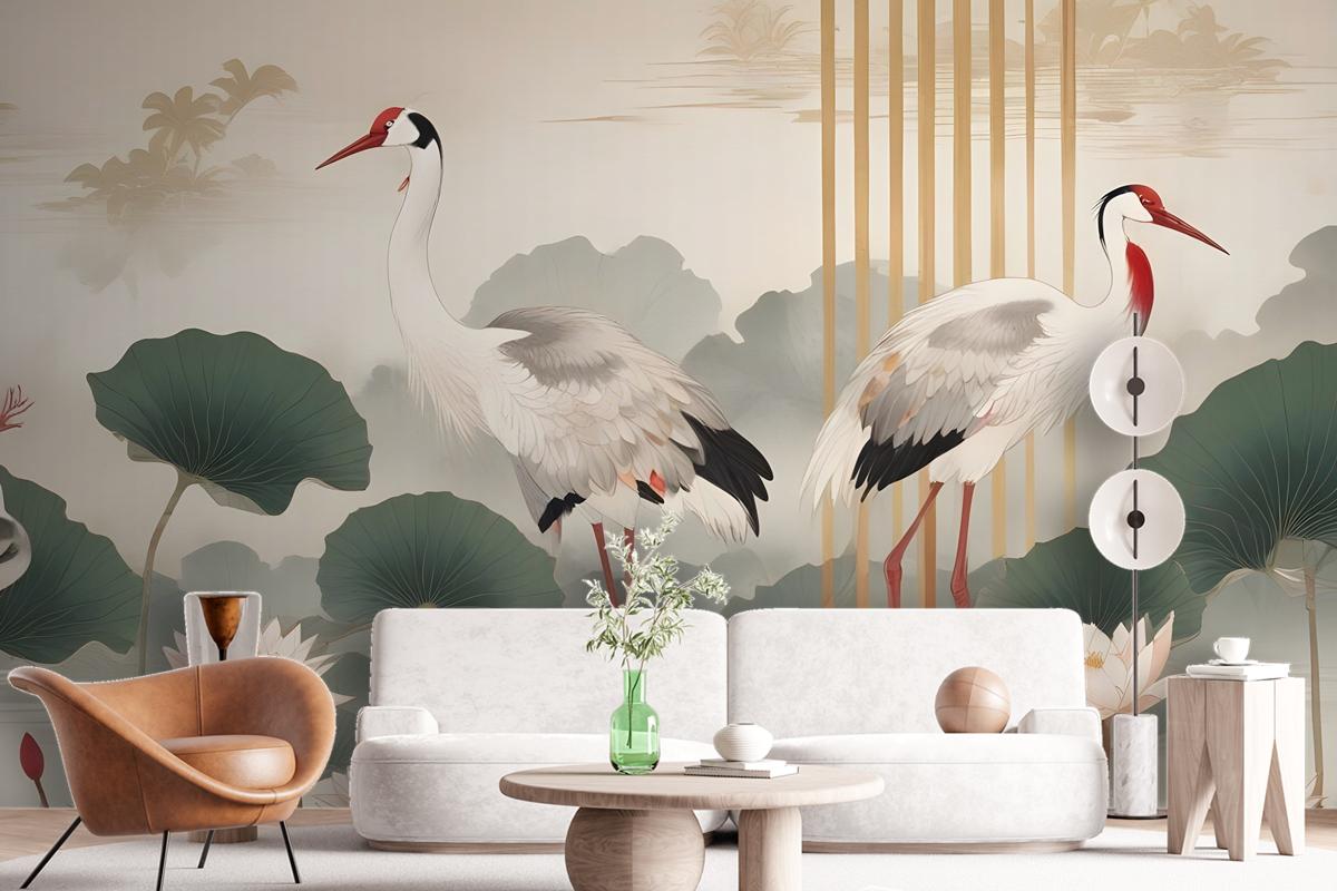 Chinese Crane Birds With Lotus Florals Wallpaper Mural