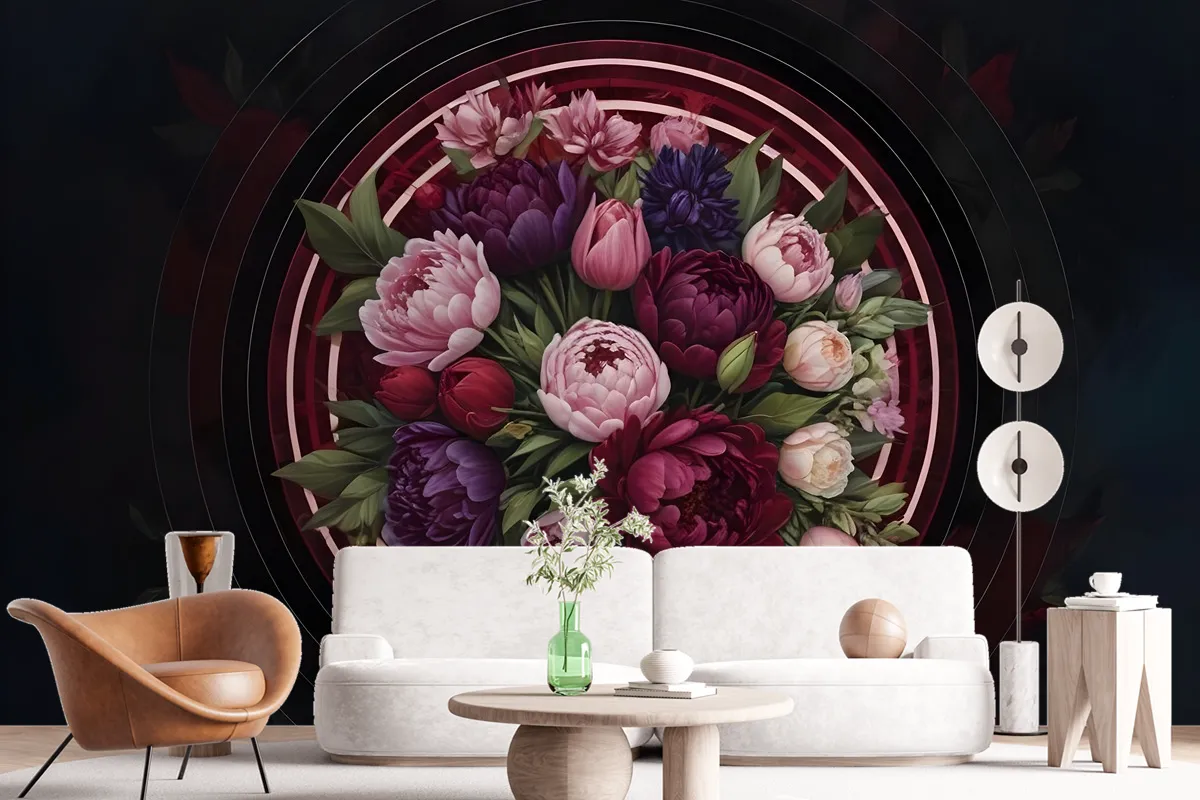 Circle Dark Floral Wallpaper Mural