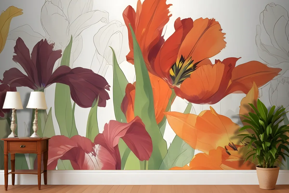 Closeup Orange And Red Tulips With Green Leaves Against A Light Wallpaper Mural
