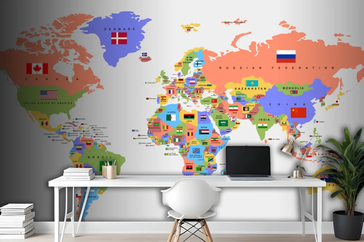 Color World Map With The Names Of Countries And National Flags Wallpaper Mural