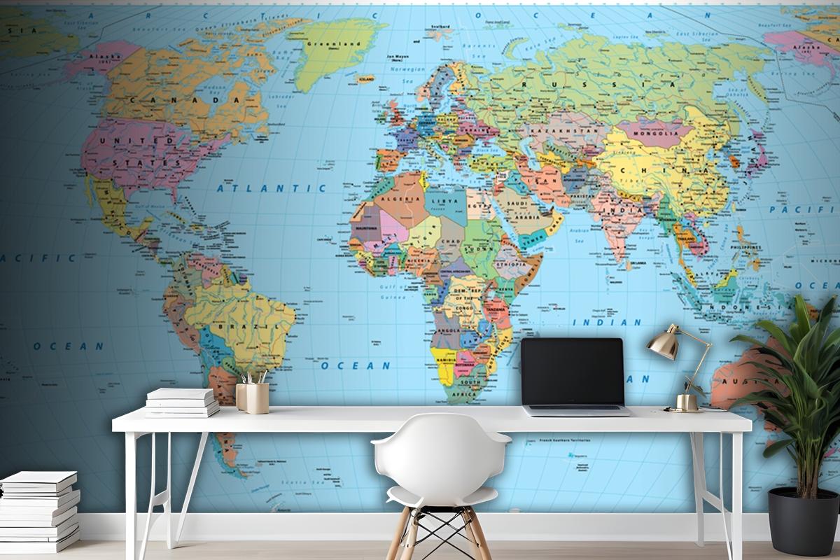 Colored World Map Borders Countries Roads And Cities Wallpaper Mural