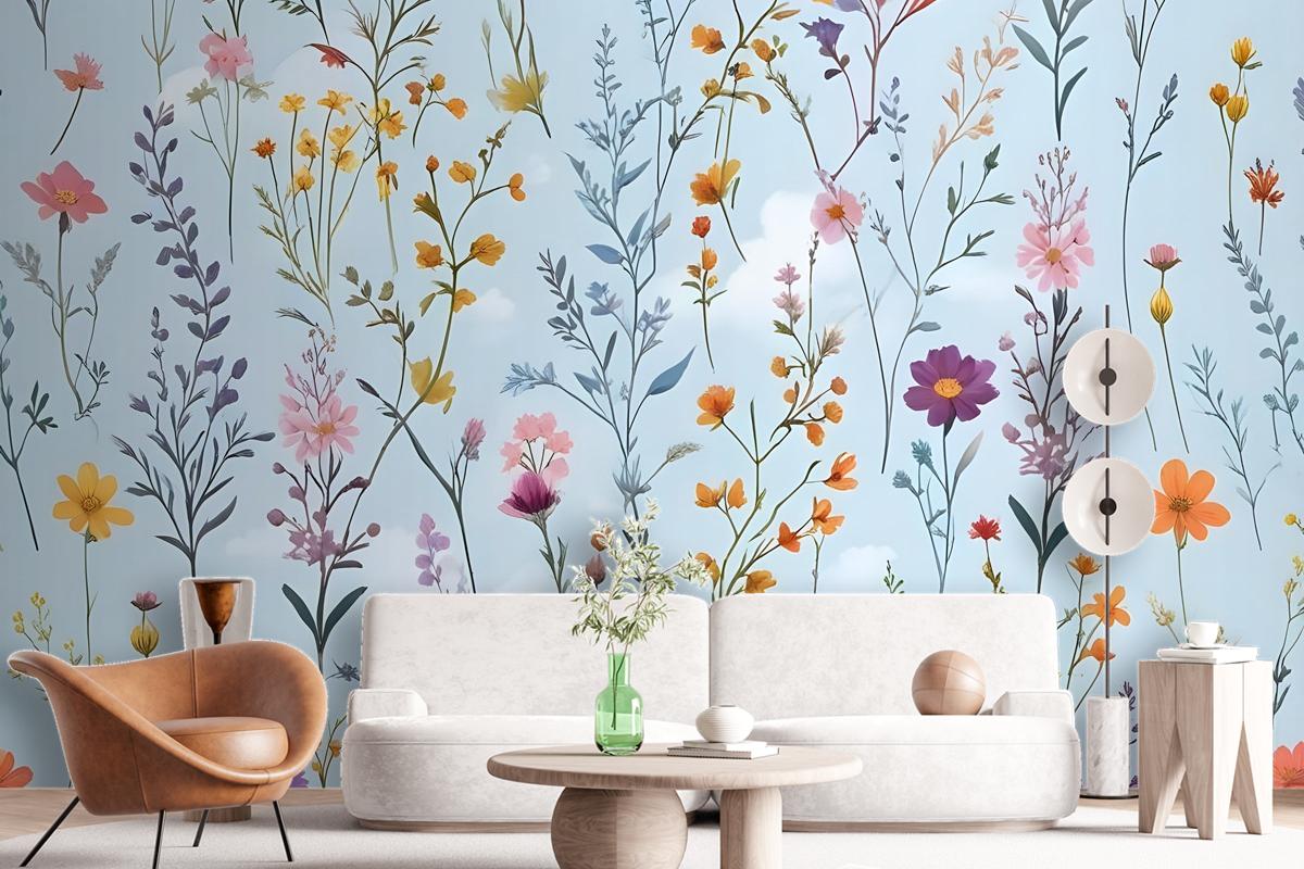 Colorful Blossoms Blue Wallpaper Mural