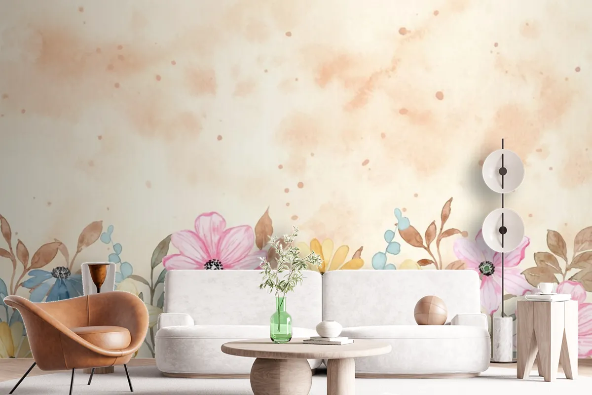 Colorful Floral Garden Background With Watercolor Wallpaper Mural