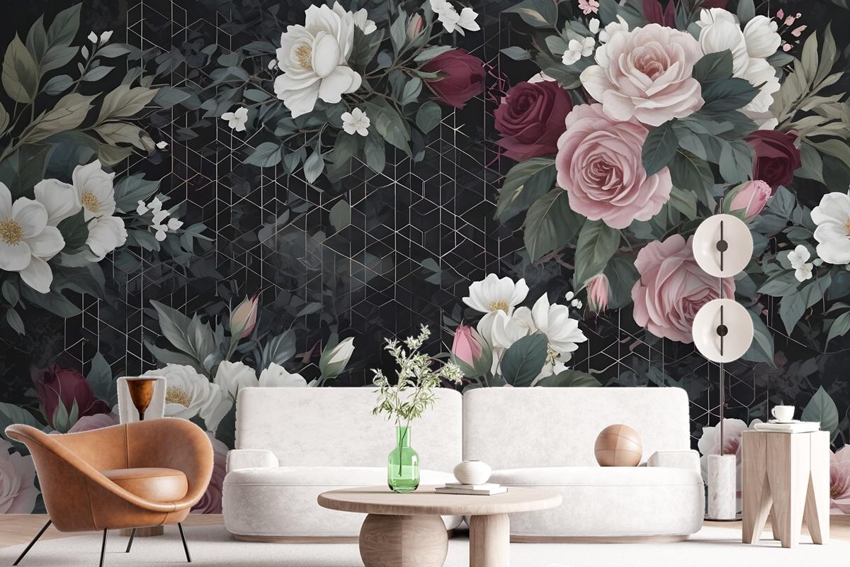 Colorful Floral With Dark Geometric Pattern Wallpaper Mural