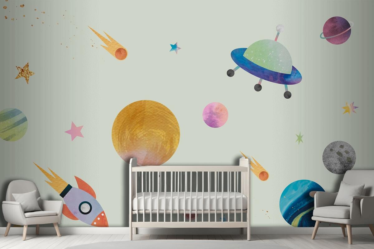 Colorful Galaxy Pattern Background In Cute Watercolor Style Wallpaper Mural