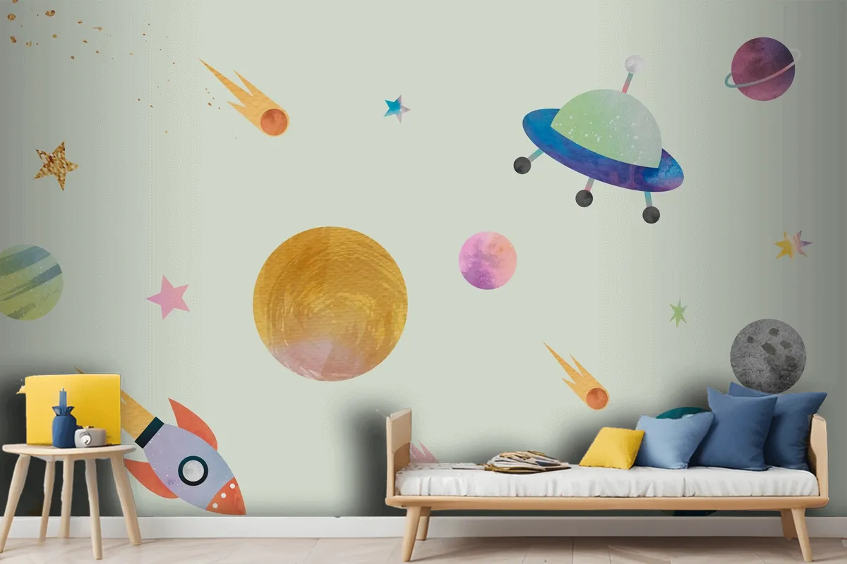 Colorful Galaxy Pattern Background In Cute Watercolor Style Wallpaper Mural