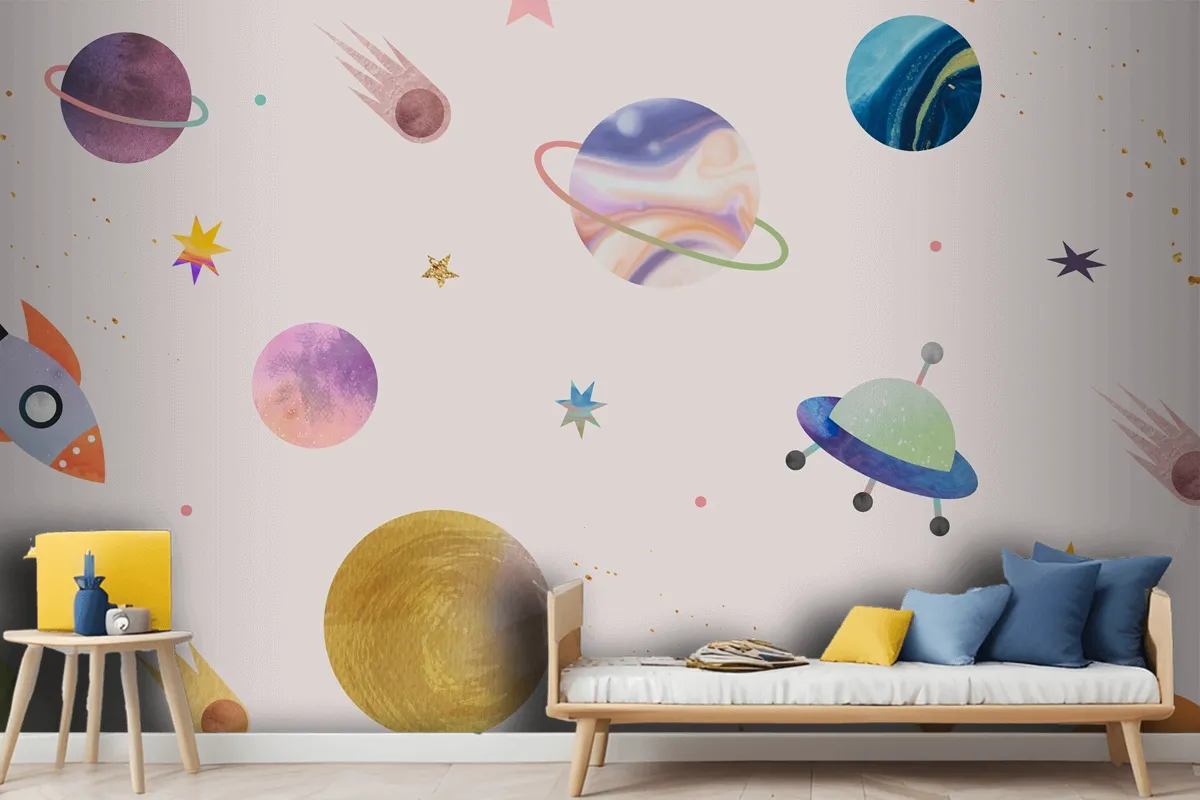 Colorful Galaxy Watercolor Doodle On Pastel Background Wallpaper Mural