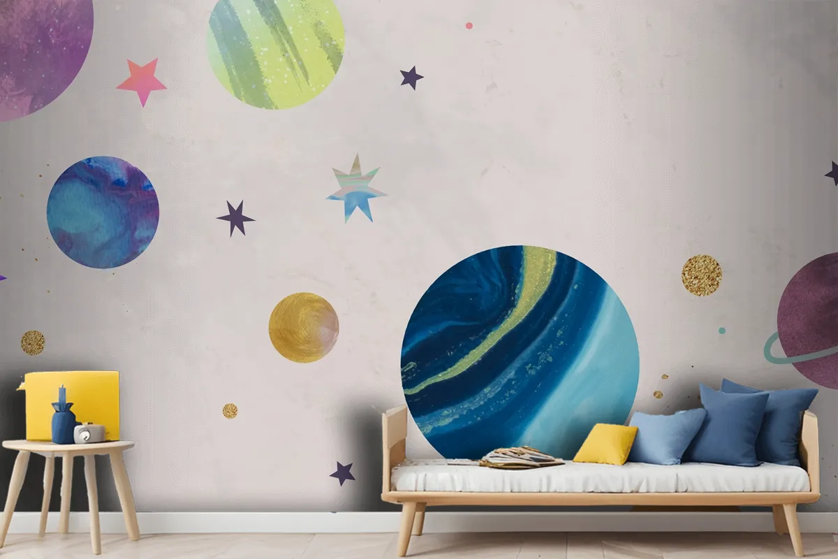 Colorful Galaxy Watercolor Doodle On Pastel Wallpaper Mural