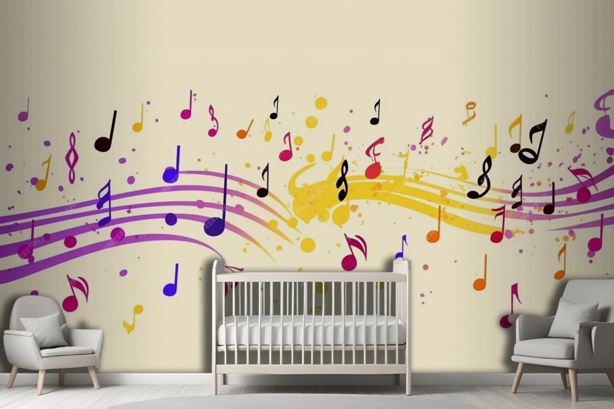 Colorful Musical Notes Yellow Background Wallpaper Mural