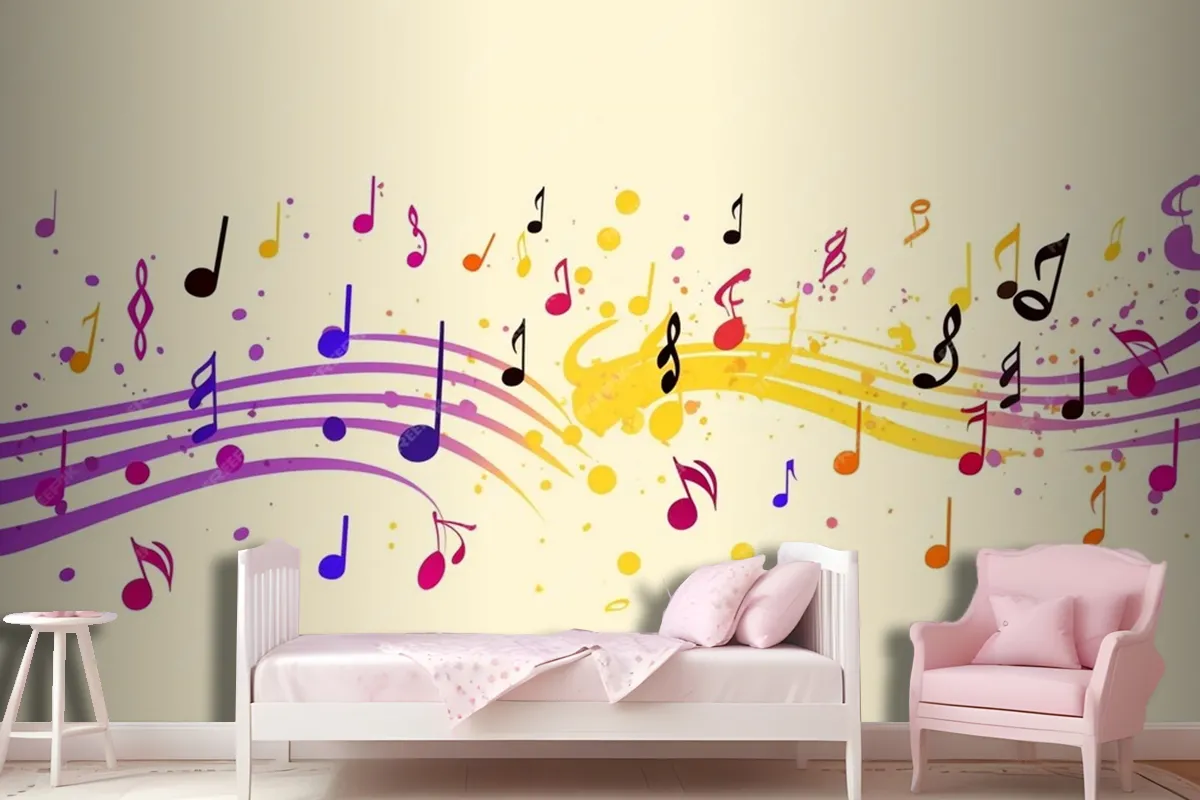 Colorful Musical Notes Yellow Background Wallpaper Mural