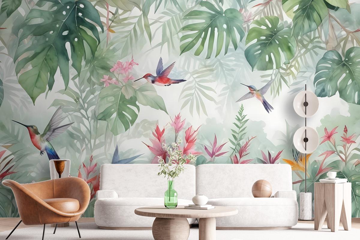 Colorful Tropical Exotic Cactus Floral With Little Birds Wallpaper Mural