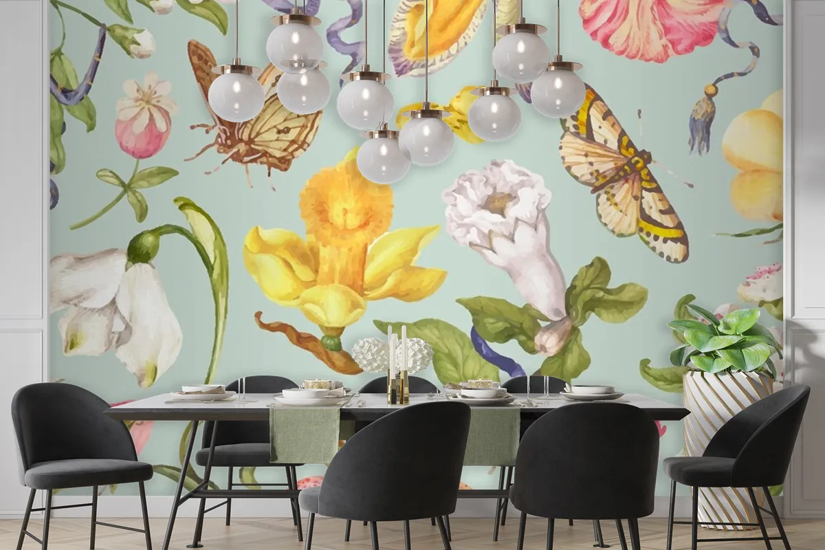 Colorful Vintage Floral Pattern On Green Background Wallpaper Mural